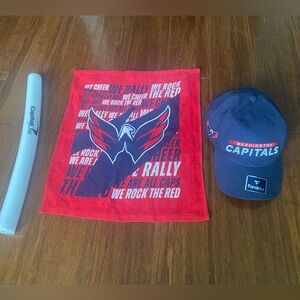 Washington Capitals Fanatics Branded Authentic Adjustable Hat, Towel, & Stick.